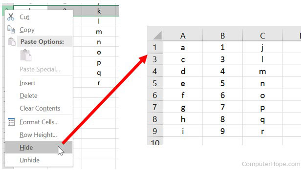 Cachez la ligne dans Microsoft Excel.