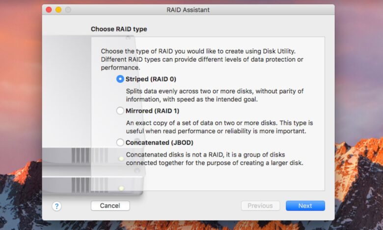 L'utilitaire de disque macOS peut créer quatre réseaux RAID populaires