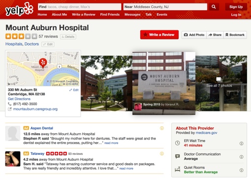 Page de critique de Yelp pour l'hôpital Mount Auburn